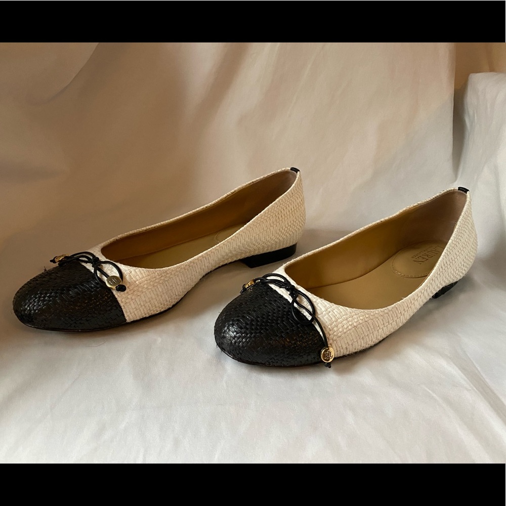 White and Black Ralph Lauren Woven Flats